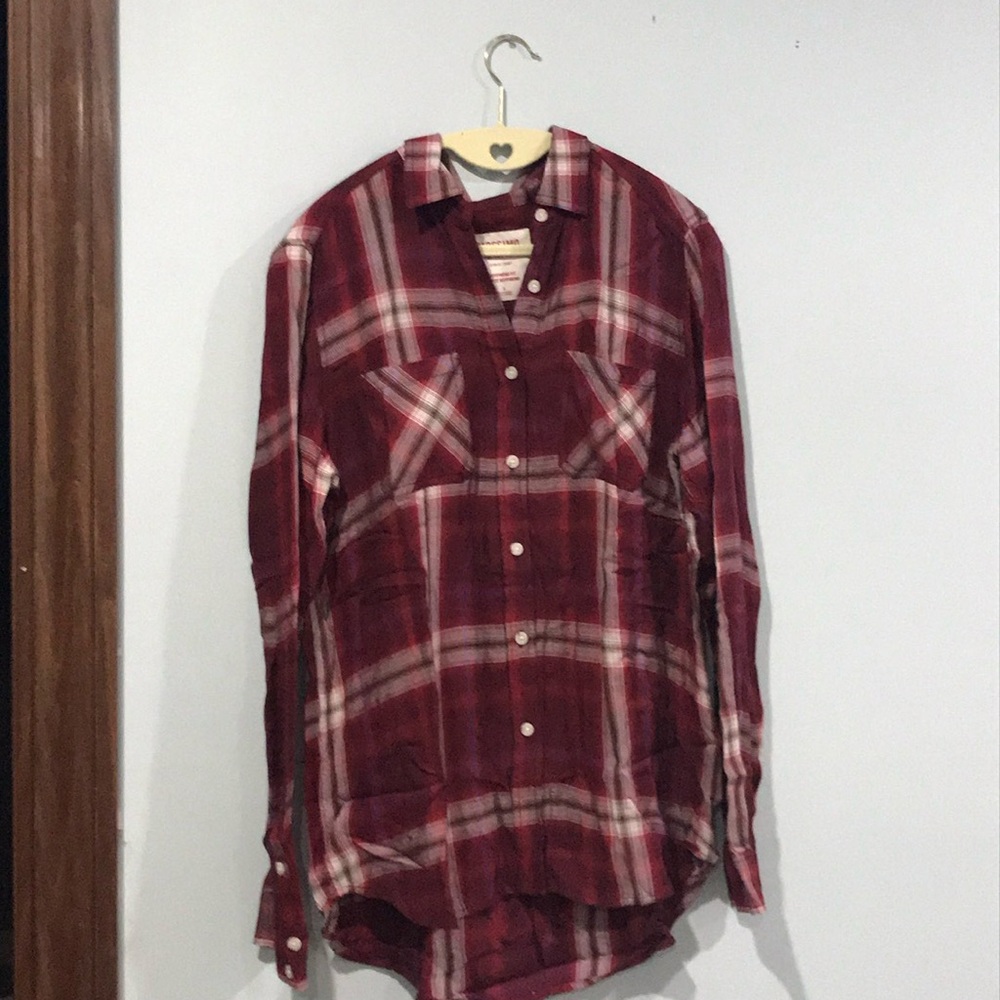Mossimo Supply Co. Burgundy Plaid Button Down Shirt